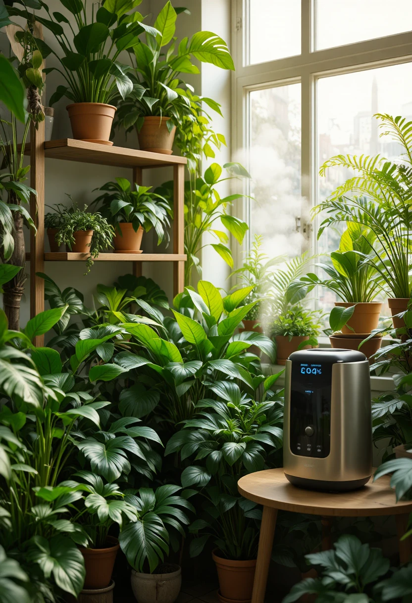 Tropical houseplant humidity tips featuring a hygrometer, humidifier, and grouped plants for a thriving indoor jungle