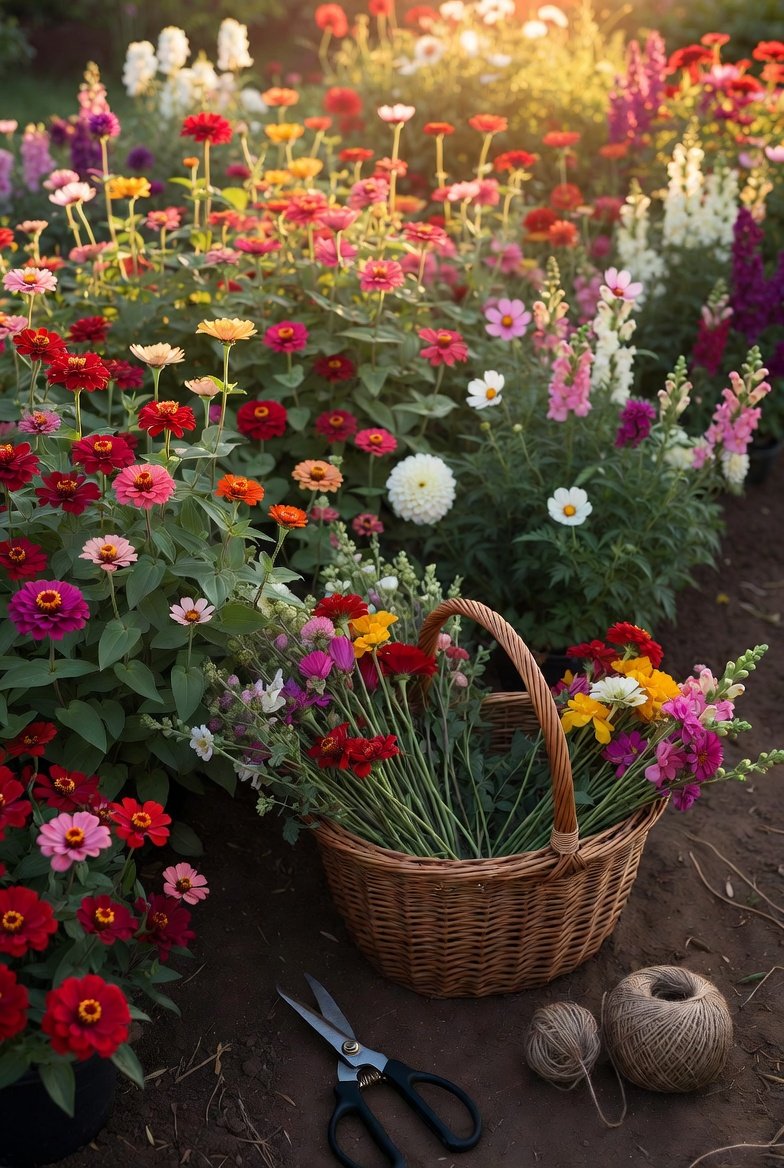 Beginner cut flower garden with zinnias, dahlias, and cosmos arranged for continuous blooms and easy harvesting
