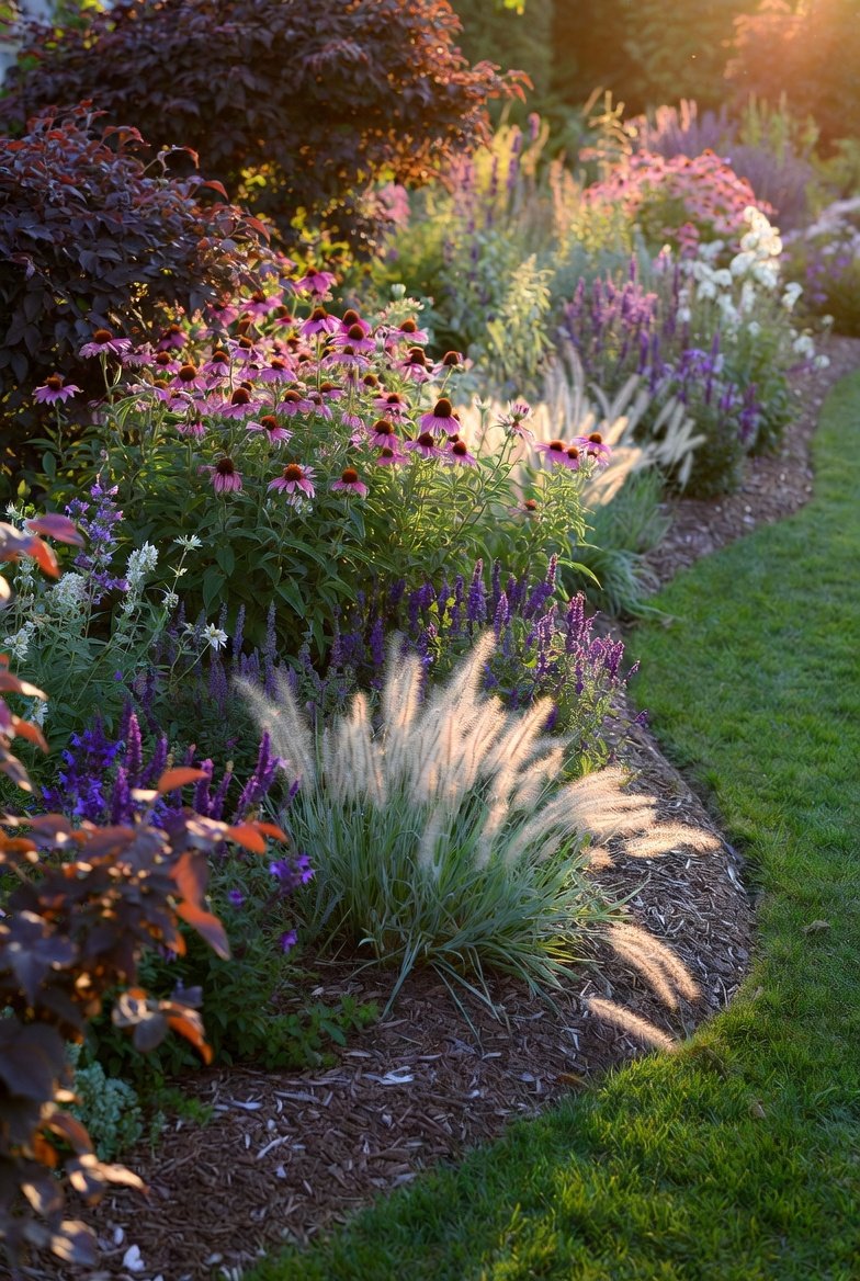 Low-maintenance flower garden with perennials, mulched beds, and clean edging that looks lush and high-effort