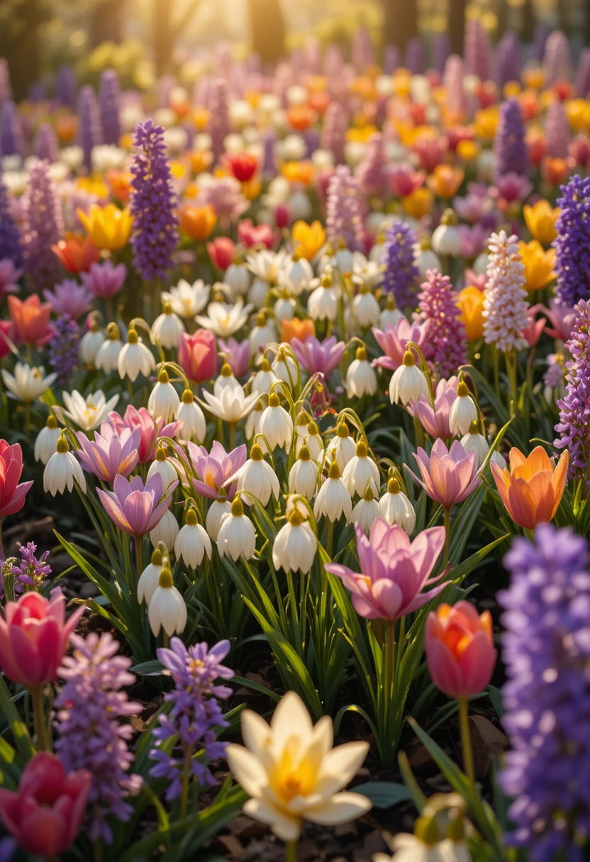 Spring flower bulbs including tulips, daffodils, and allium planted in fall for months of continuous garden blooms.