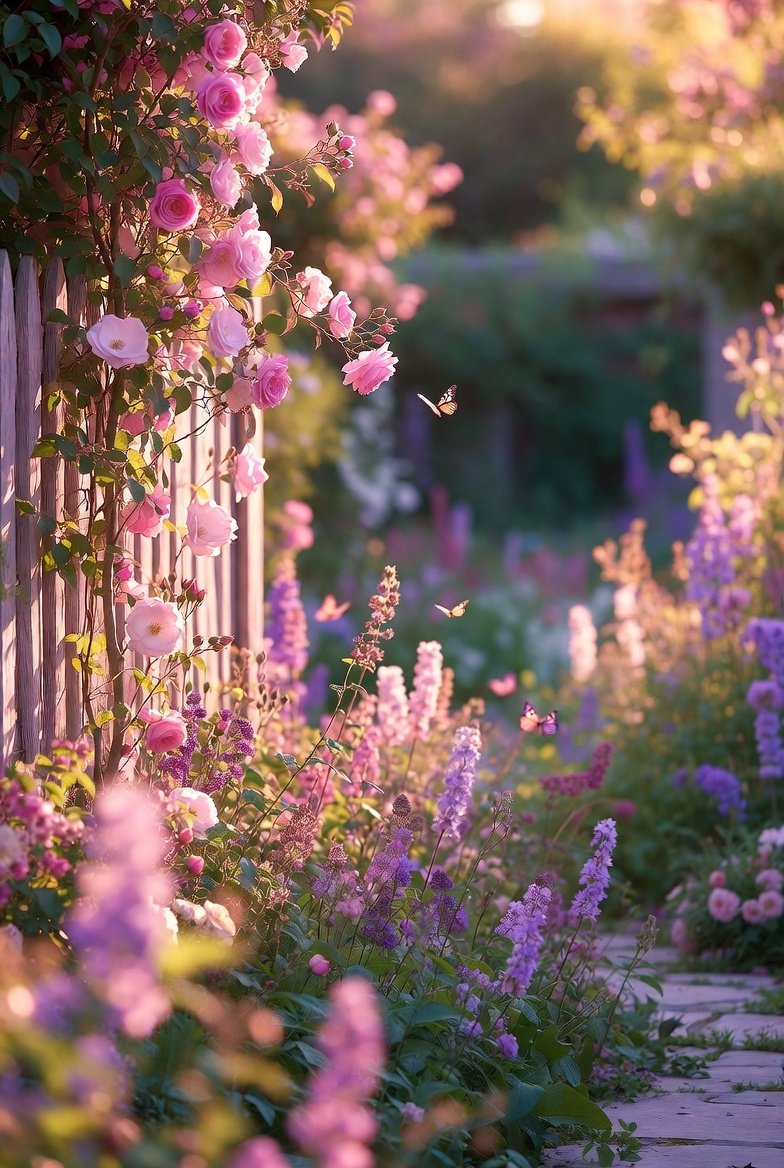 Romantic cottage garden design with layered flowers, gravel pathway, and rose-covered arbor creating an effortless, whimsical yard.