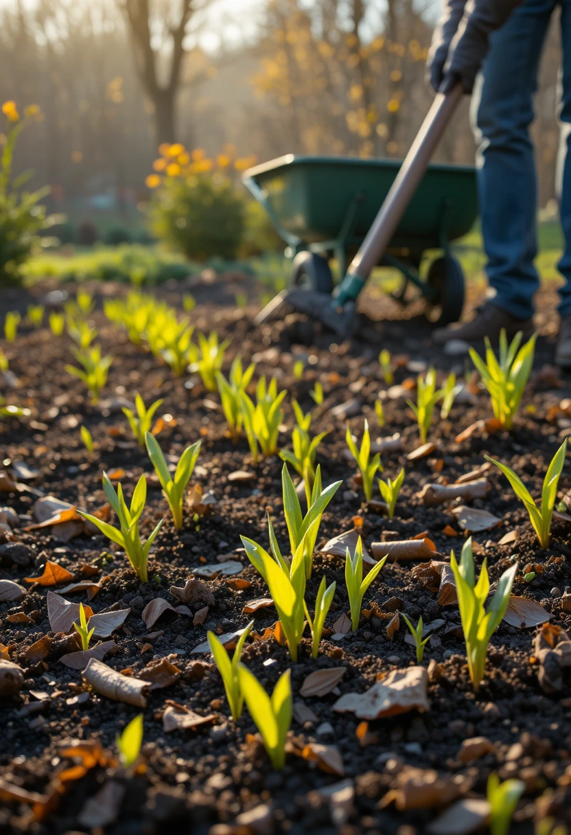 Spring garden checklist showing debris cleanup, soil testing, pruning, and seed starting for beginner gardeners