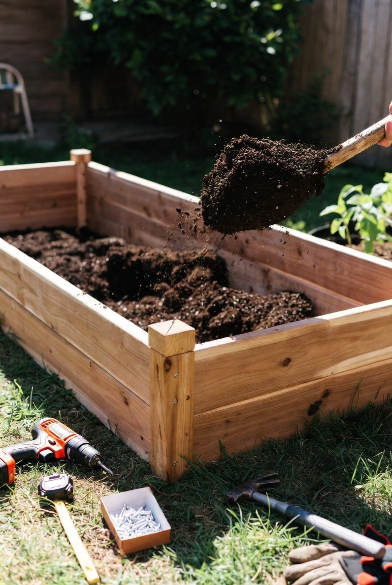 DIY raised garden bed being built in a backyard, ready to plant in just one weekend