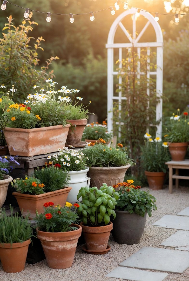 Small garden ideas for beginners featuring containers, raised beds, tiered planters, and string lights for a low-maintenance yard