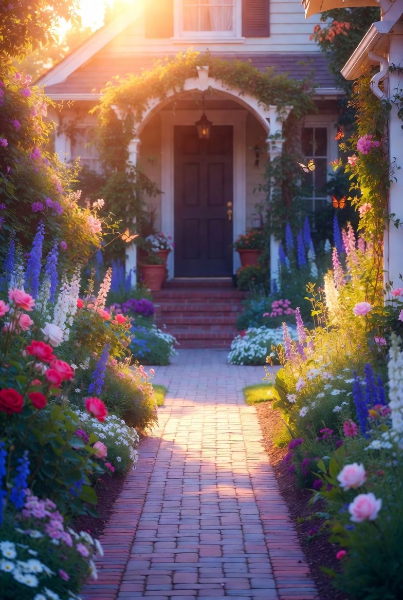 Front yard flower garden ideas featuring cottage-style borders, symmetrical beds, and pollinator-friendly blooms for maximum curb appeal.