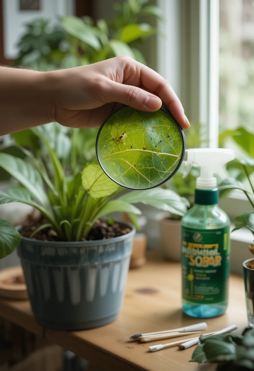 Common houseplant pests like aphids, mealybugs, and spider mites shown with treatment tools for effective pest control