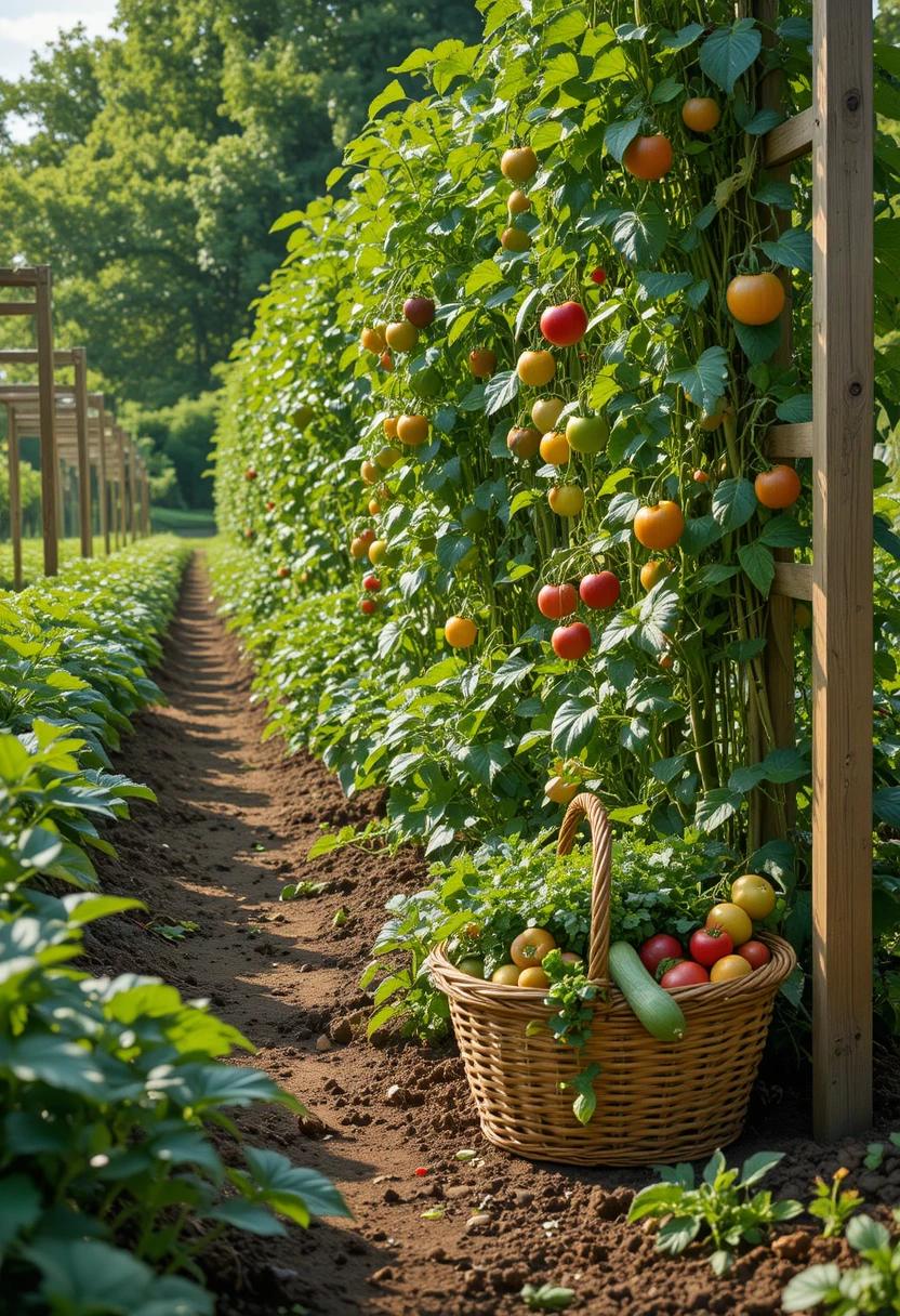 Summer vegetable planting guide featuring tomatoes, peppers, okra, and eggplant thriving in a productive garden