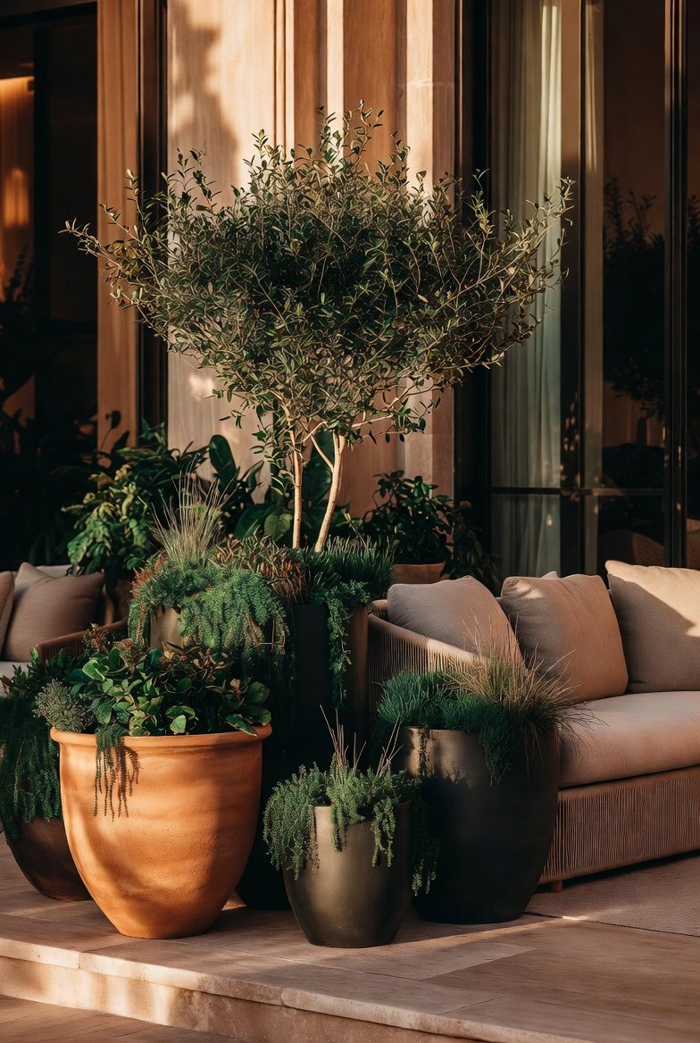 High-end container garden ideas for patio spaces featuring layered planters, statement trees, and elegant outdoor greenery design