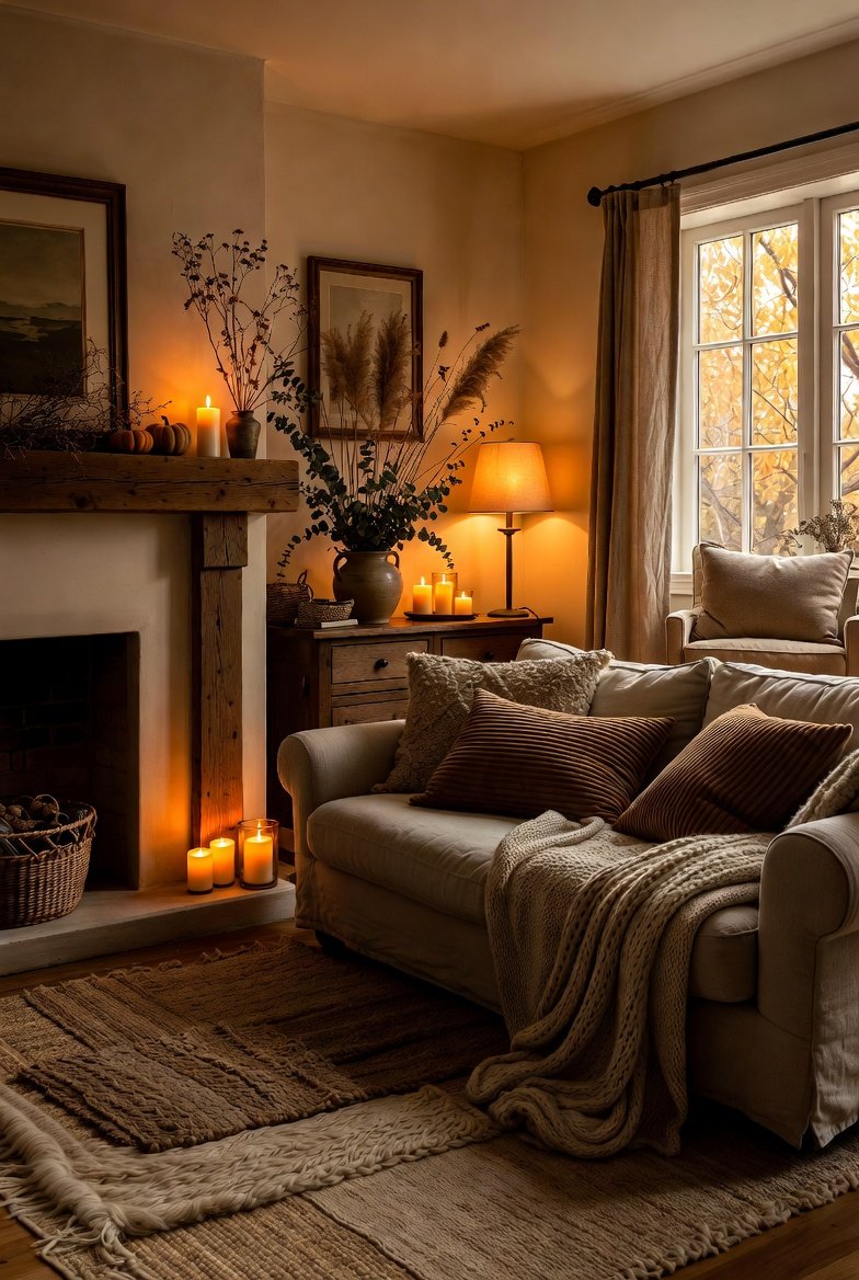 Cozy fall home decor with warm earth tones, layered textures, and autumn styling for an inviting retreat