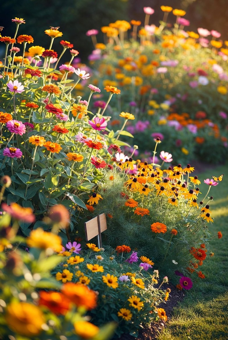 Beginner-friendly flower garden bursting with colorful, easy-to-grow blooms that provide color all season long.