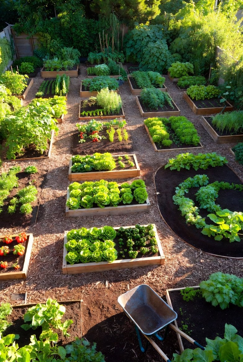 Vegetable garden layout ideas featuring raised beds, curved rows, and organized planting zones suited for any yard size.