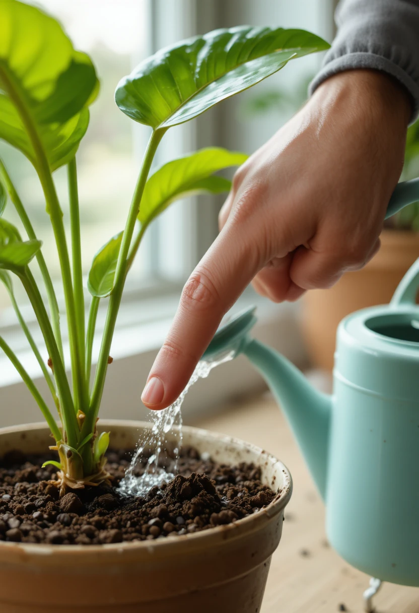 Indoor plant watering tips showing soil checks, drainage, and bottom-watering techniques for healthy houseplants