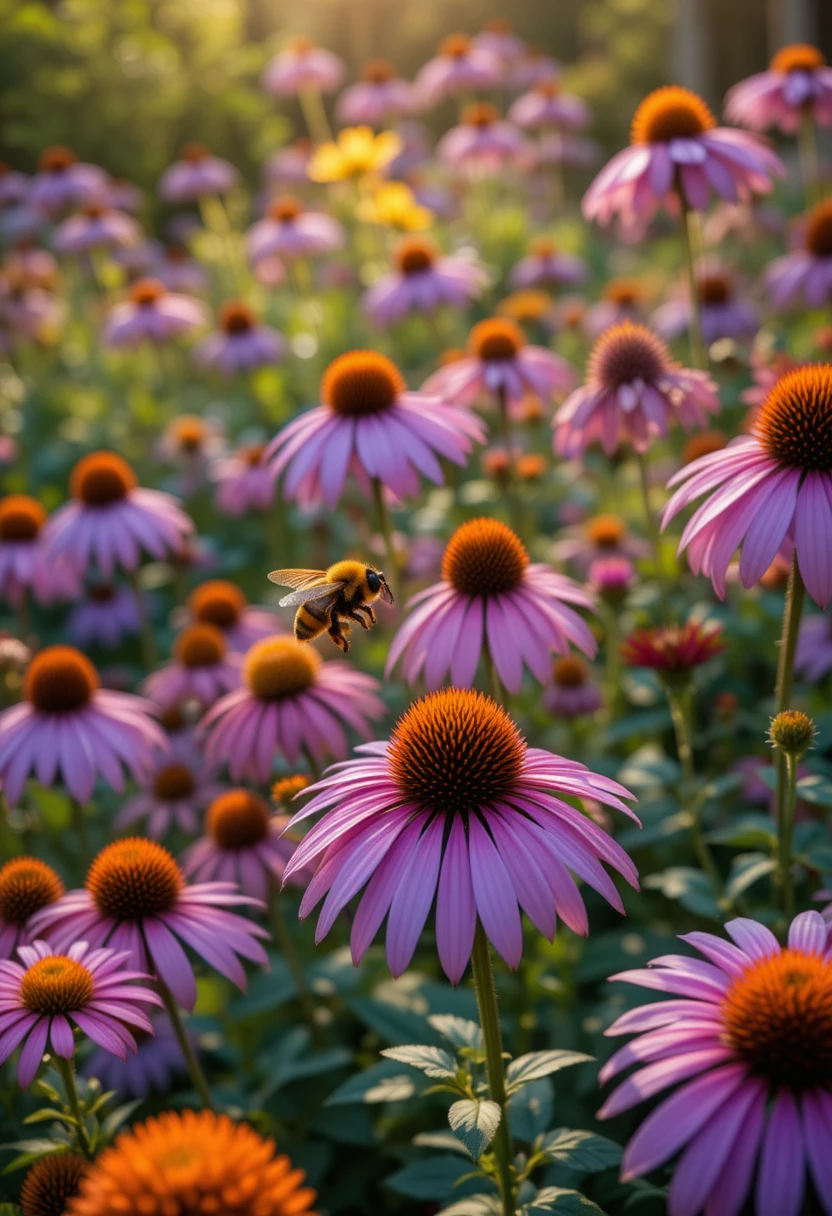 Colorful backyard pollinator garden with blooming flowers and a bee in flight, showcasing simple pollinator garden ideas for beginners.