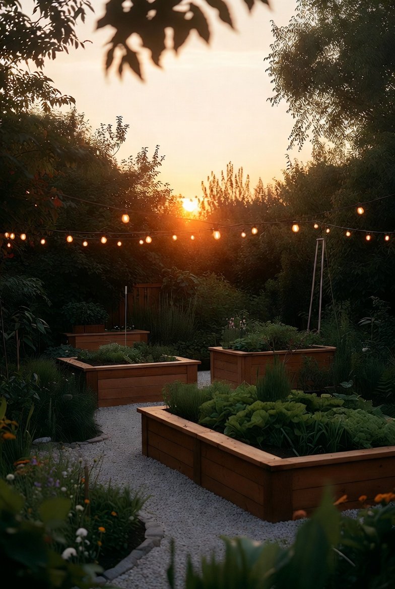 Budget-friendly backyard garden with raised wooden beds, gravel path, and string lights, designed to look expensive on a small budget