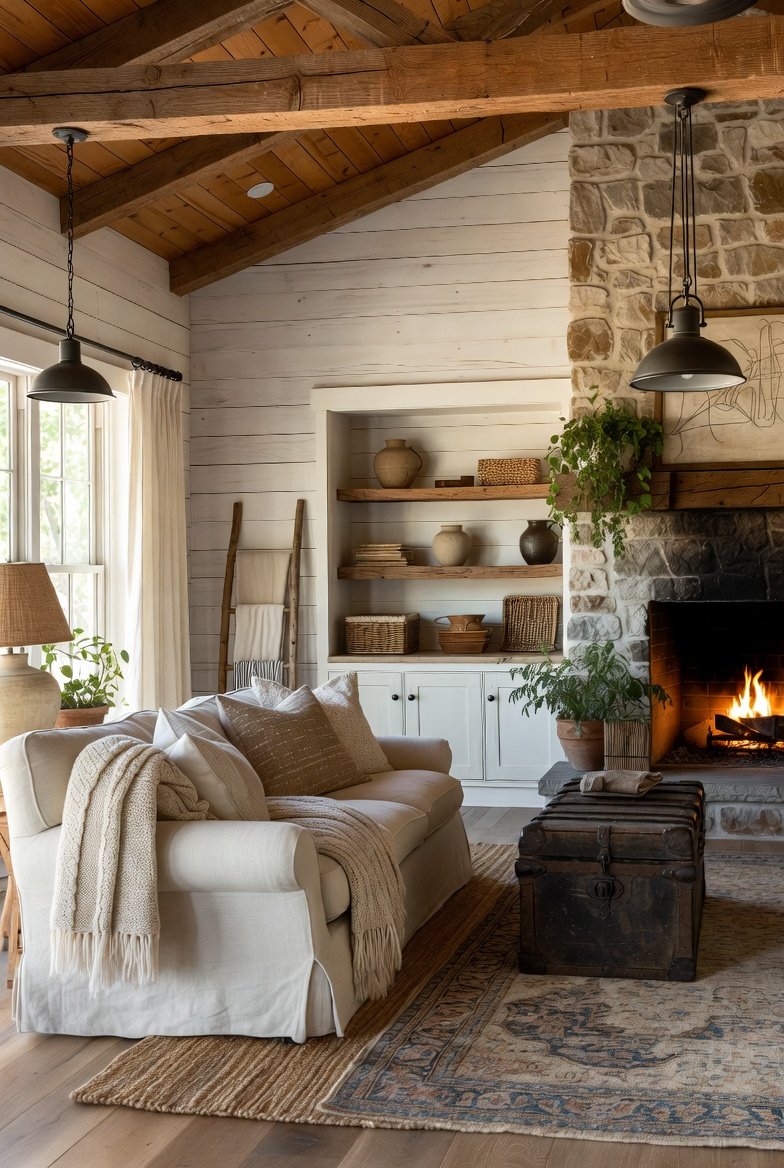Cozy farmhouse living room decor with neutral tones, exposed wood beams, shiplap walls, and rustic timeless styling"