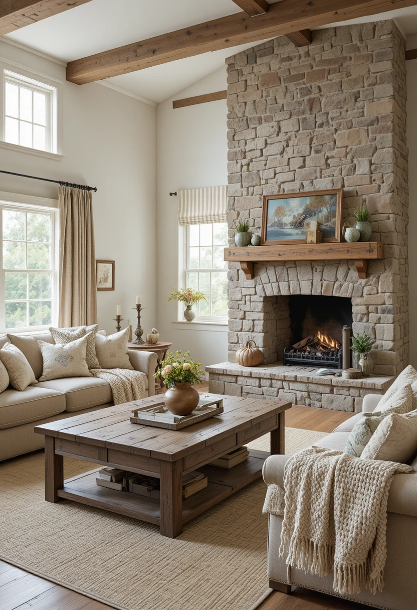 Cozy farmhouse living room with rustic wood furniture and a stone fireplace, showcasing warm and inviting farmhouse decor ideas