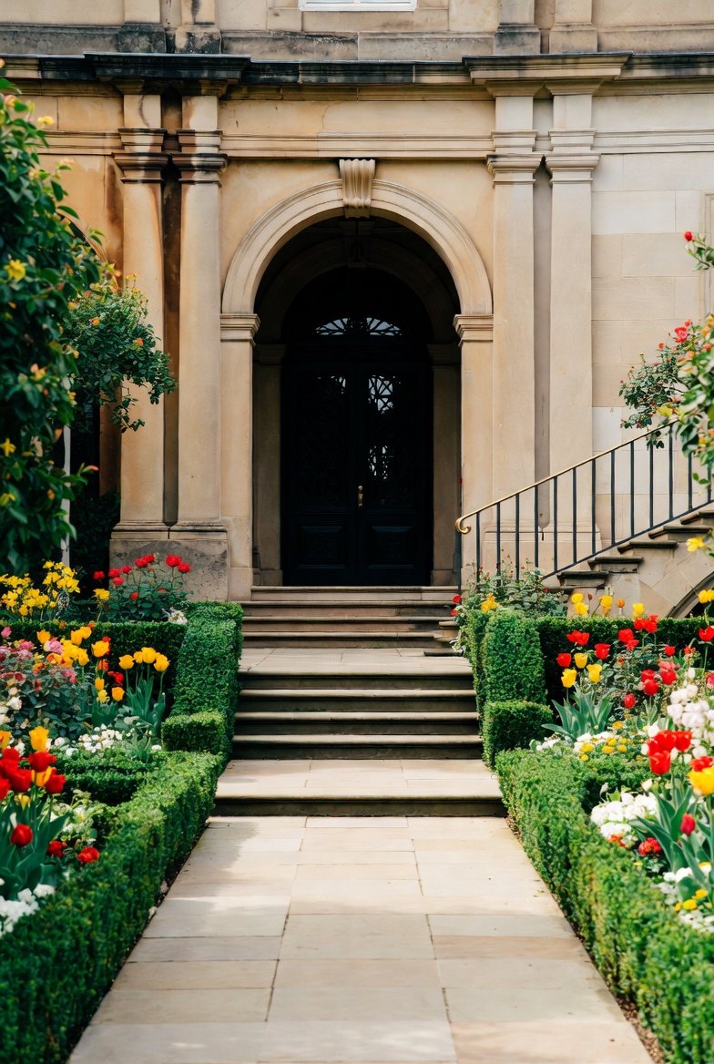 Symmetrical Formal Beds Flanking the Entryway