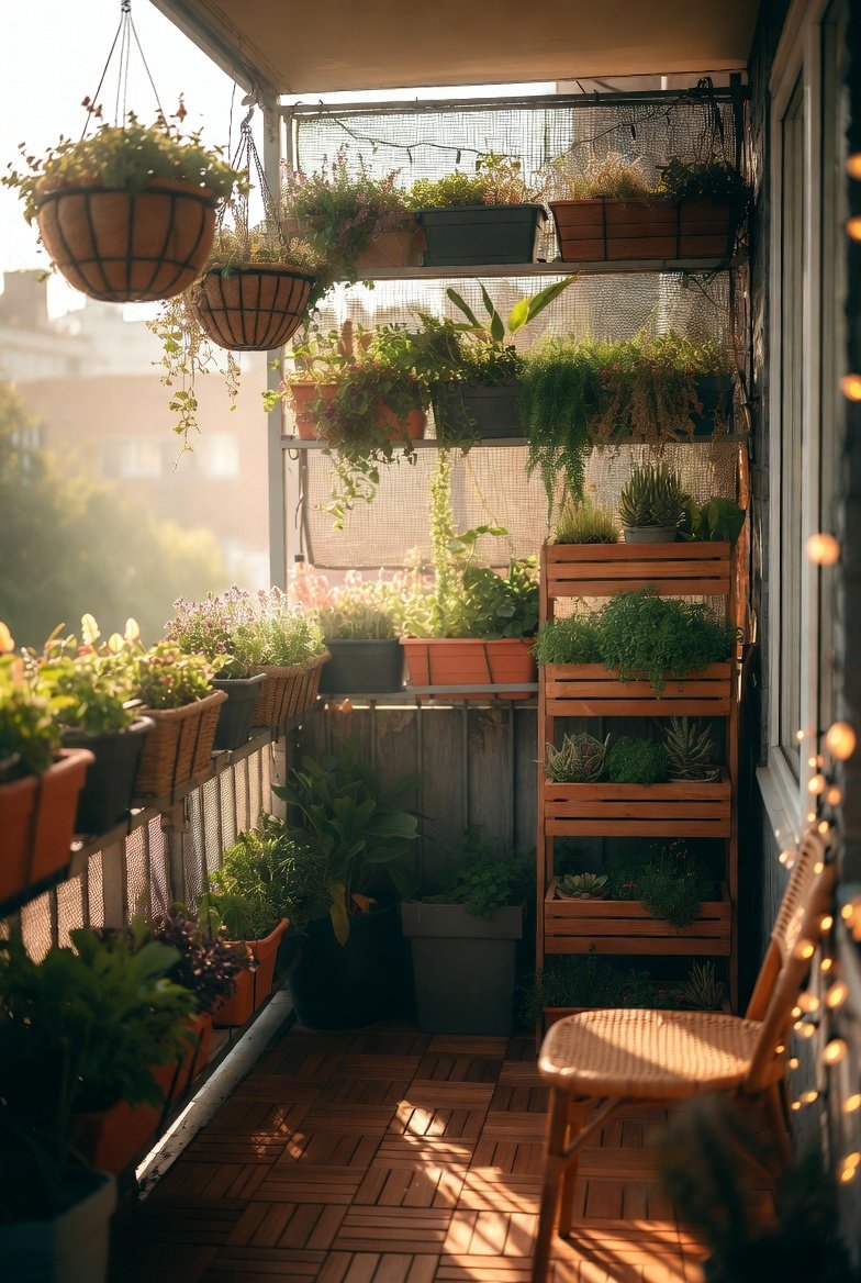 Small balcony garden idea with layered planters, hanging baskets, and vertical greenery for compact outdoor spaces