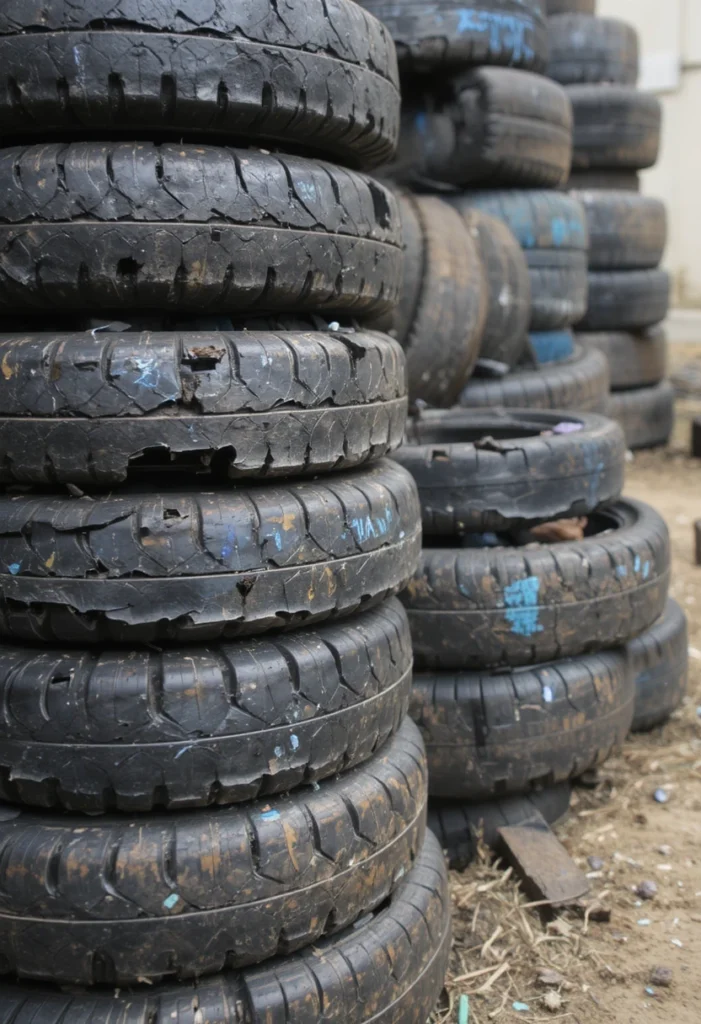 Old Tires Cut Into Strips