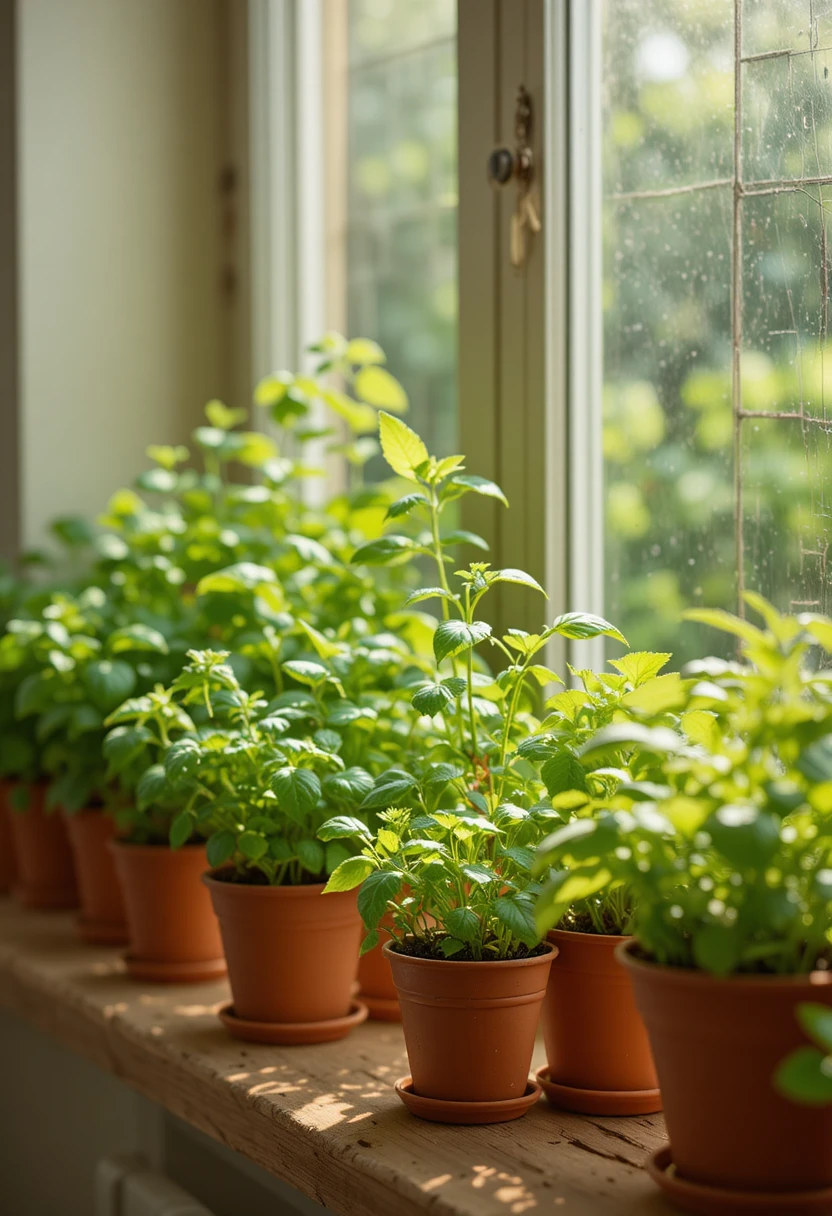 Sunny kitchen windowsill herb garden with fresh basil, parsley, and mint, showcasing simple and beginner-friendly herb garden ideas