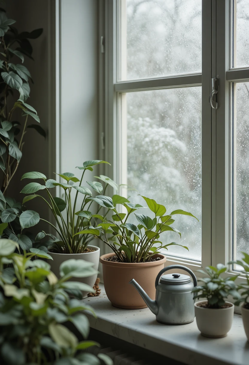 Winter dormancy plant care tips for indoor plants, showing reduced watering and seasonal maintenance techniques