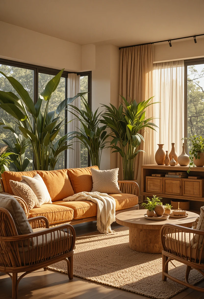 Trendy 2025 home and garden decor styles featuring earthy tones, curved furniture, and biophilic design elements in a modern living space