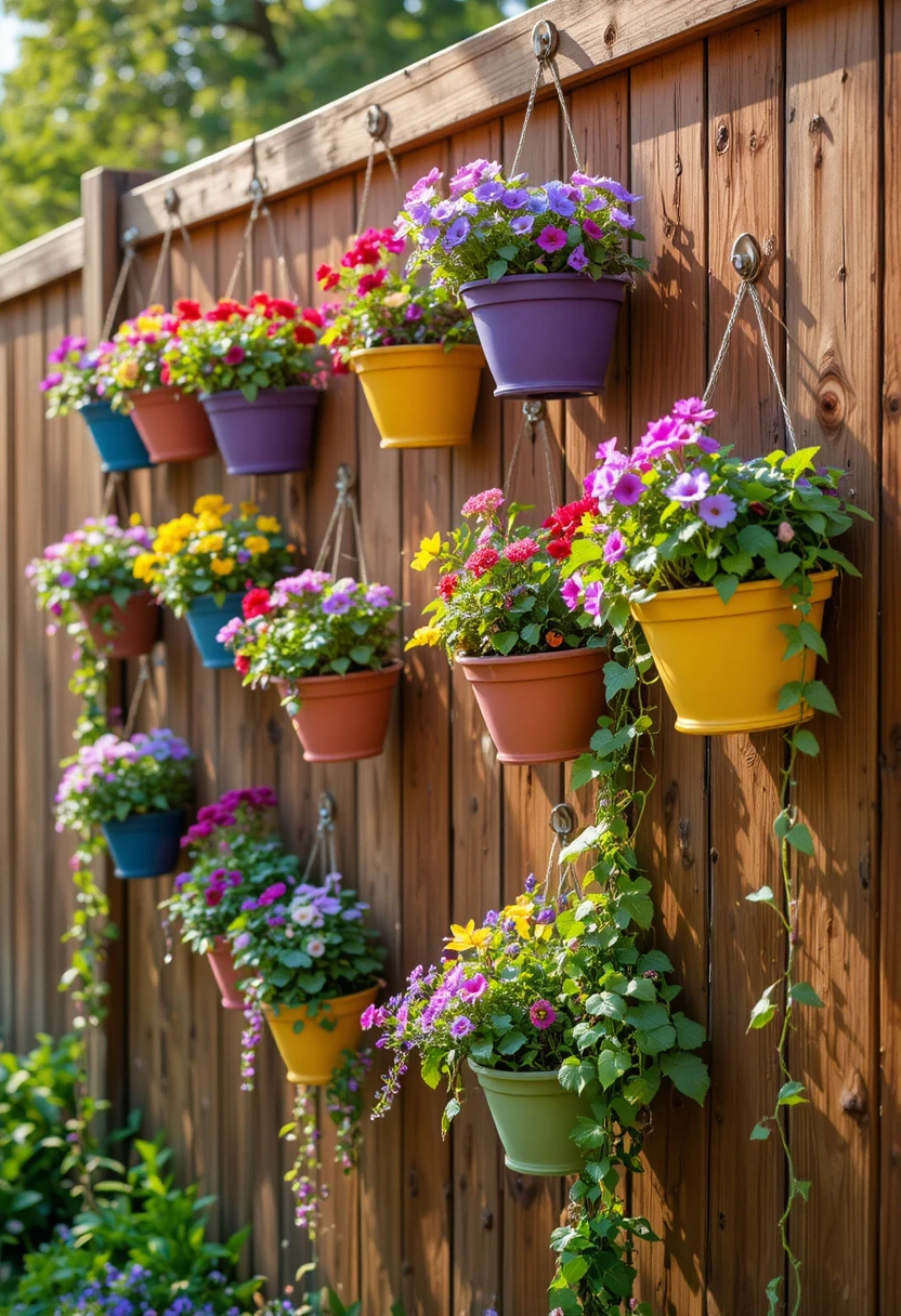 Wooden garden fence decorated with colorful hanging planters and string lights, showcasing creative garden fence decor ideas