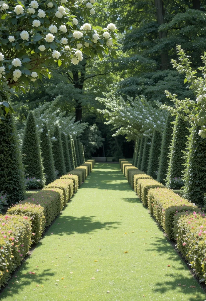 Symmetrical Formal Path With Boxwood and Blooms