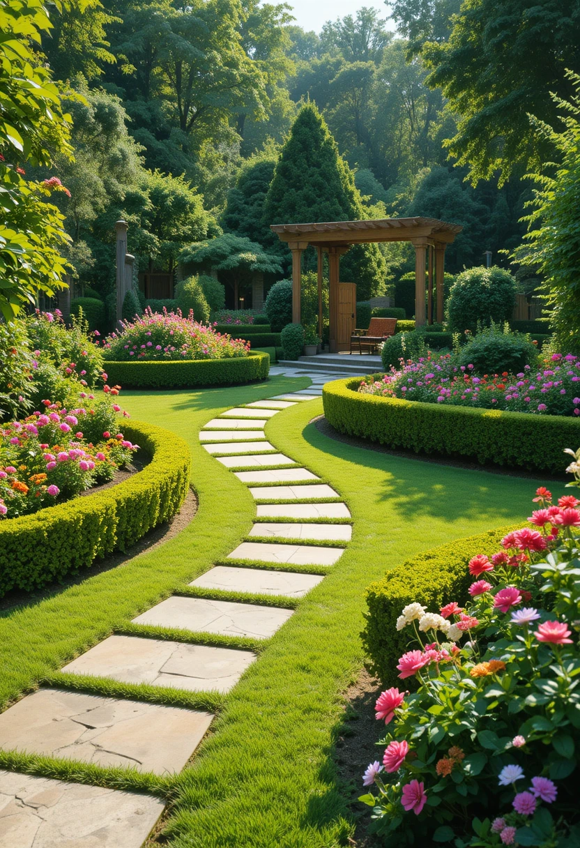 Beautifully landscaped backyard garden with organized pathways and flower beds, showcasing smart garden layout planning ideas