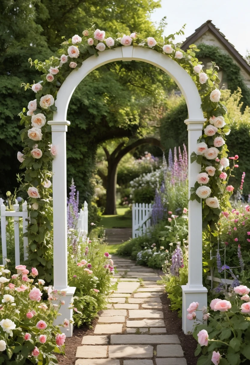 11. White Garden Arch for a Cottage Look