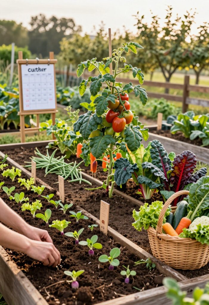 How to arrange planting times for a longer harvest, showing a succession-planted vegetable garden with seedlings, growing crops, and a basket of fresh produce.